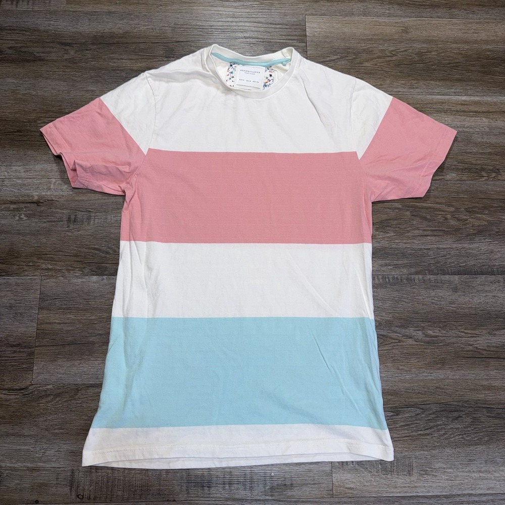 Denim & Flower Short-Sleeve Shirt Mens Medium Light Blue Pink White Color-Block